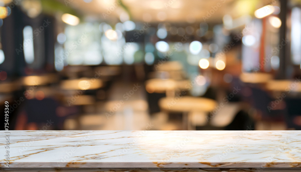 marble table top with blurred abstract cafe restaurant interior background; for montage or display products