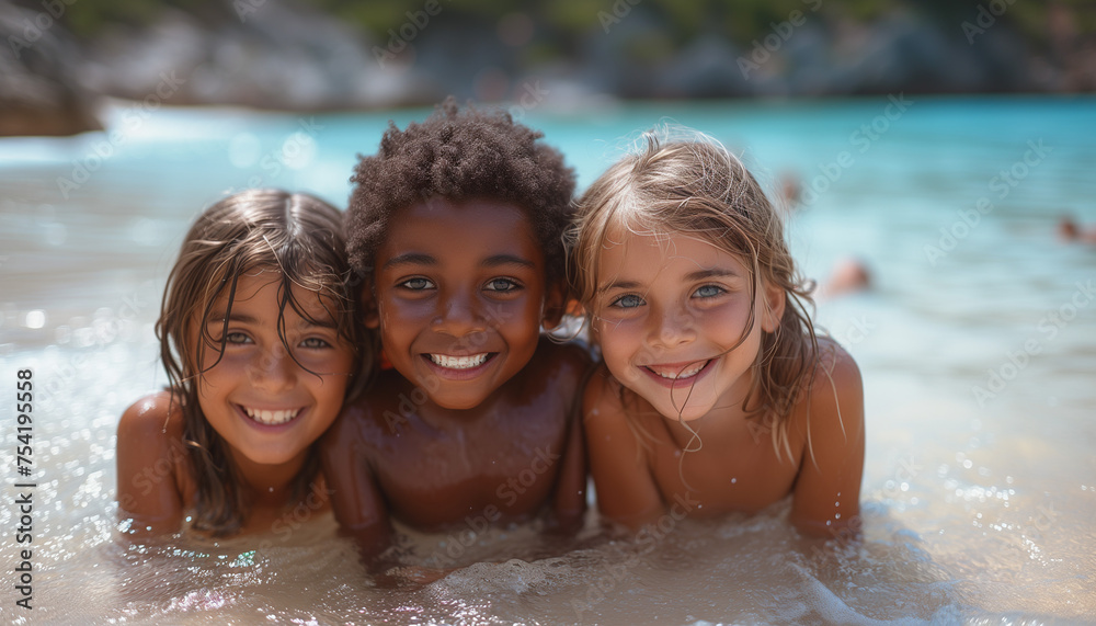 Multiracial Children frolic, swimming on the beach in the sea. Children Protection Day. Summer vacation, travel concept Multiracial Children frolic, swimming on the beach in the sea. Children Protection Day. Summer vacation, travel concept