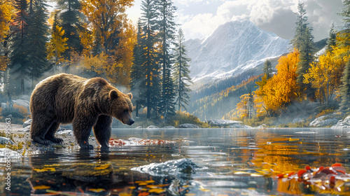 A bear fishing in a crystalclear mountain stream with autumn colors reflecting in the water showcasing natures cycles