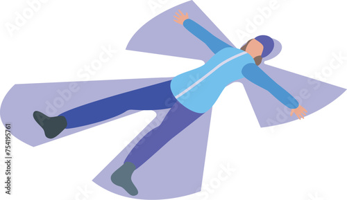 Winter time fun snow angel icon isometric vector. Snow fall. Kid santa lad