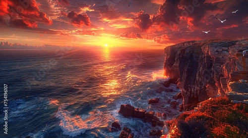 A breathtaking sunset over a coastal cliff, waves crashing against the rugged rocks below, vibrant hues painting the sky with streaks of orange and pink, seagulls soaring overhead