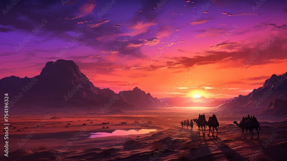 A dramatic desert landscape at dusk, towering sand dunes bathed in warm orange light, a lone camel caravan making its way across the vast expanse, the sky ablaze with hues of pink and purple - obrazy, fototapety, plakaty 