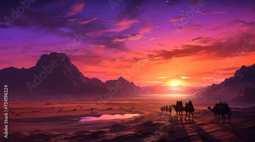 A dramatic desert landscape at dusk, towering sand dunes bathed in warm orange light, a lone camel caravan making its way across the vast expanse, the sky ablaze with hues of pink and purple photo