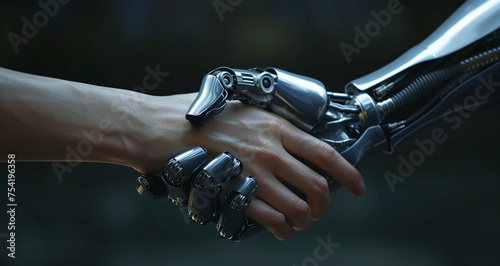 Human hand shaking AI robot hand