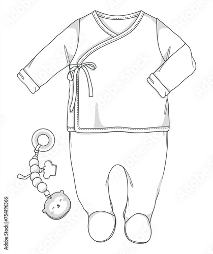 Adorable Designs for Newborns, Vector Illustrations of Baby Clothes, Flat Sketches, and Technical Drawings. Baby Clothing Collection and Sets. Bottom and top set designs for babies.