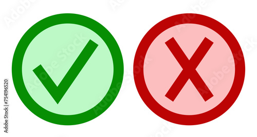 Choice sign. Flat buttons. Green ticks and red crosses. Vector graphics.