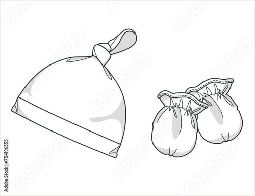 Baby Hat Technical Drawing, Flat Sketch, Vector illustration. Baby clothing collection, baby BEANIE design.