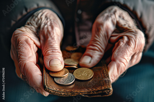 Hands of an elderly person holding a wallet with coins, selective focus close up
