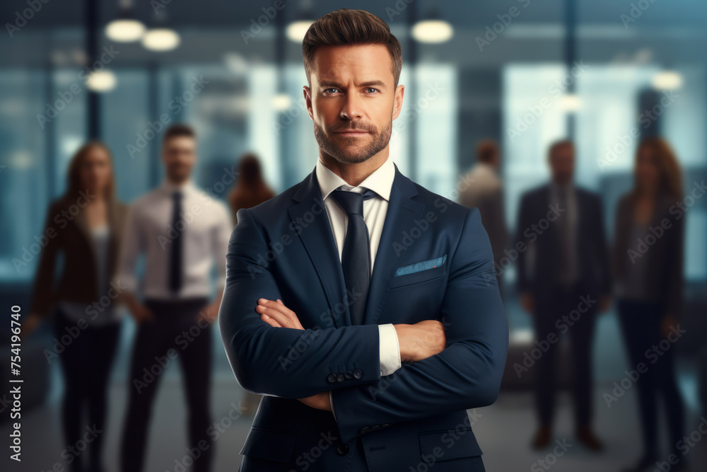 Young businessman confident young man with folded arms in suit standing in office against business team background
