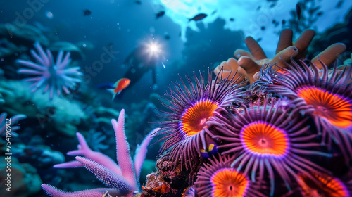 Scuba diving into a macro world where mutated coral and sea urchins illuminate the path for deep sea adventurers