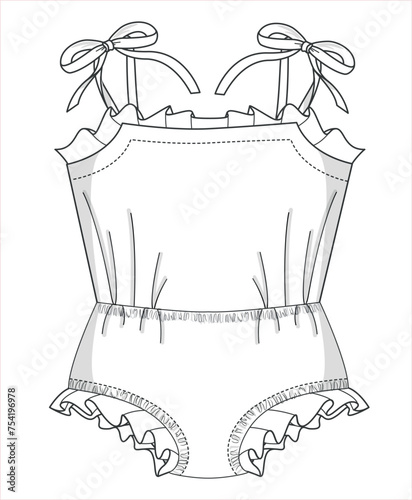 Baby Girl Bodysuit Fashion Flat Sketch Vector Template and Mock Up for Stylish Infant Apparel. Infant Fashion with Editable Technical Drawing Vectors. Babywear collection for designers.