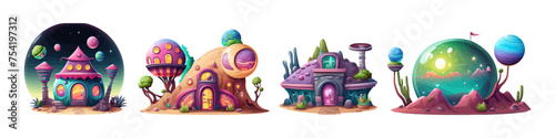 Vector cartoon cosmic houses. Planet iluustration. Futuristic city. Space element.