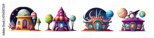 Vector cartoon cosmic houses. Planet iluustration. Futuristic city. Space element.