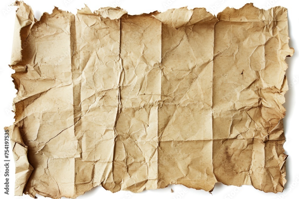 Vintage Crumpled Paper with Torn Edges Isolated on White Background. Old Texture for Design with Space for Copy.