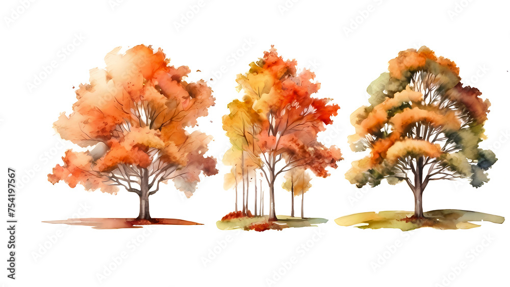 Watercolor bright Autumn trees, Orange background, Fall leaf