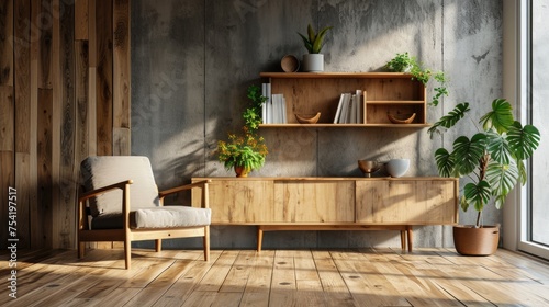 Scandinavian Modern Living Room Interior with Wooden Wall Unit and Armchair © AIGen