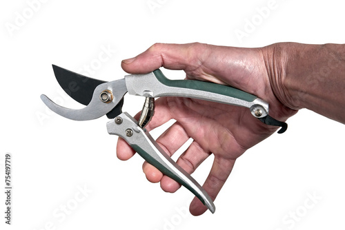 Male hand holding a Garden scissor tool isolated on white