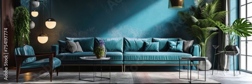 Modern Living Room Interior with Turquoise Sofa, Panoramic View, and Mockup Wall in 3D Rendering photo