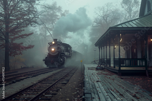 Vintage train approaches foggy station