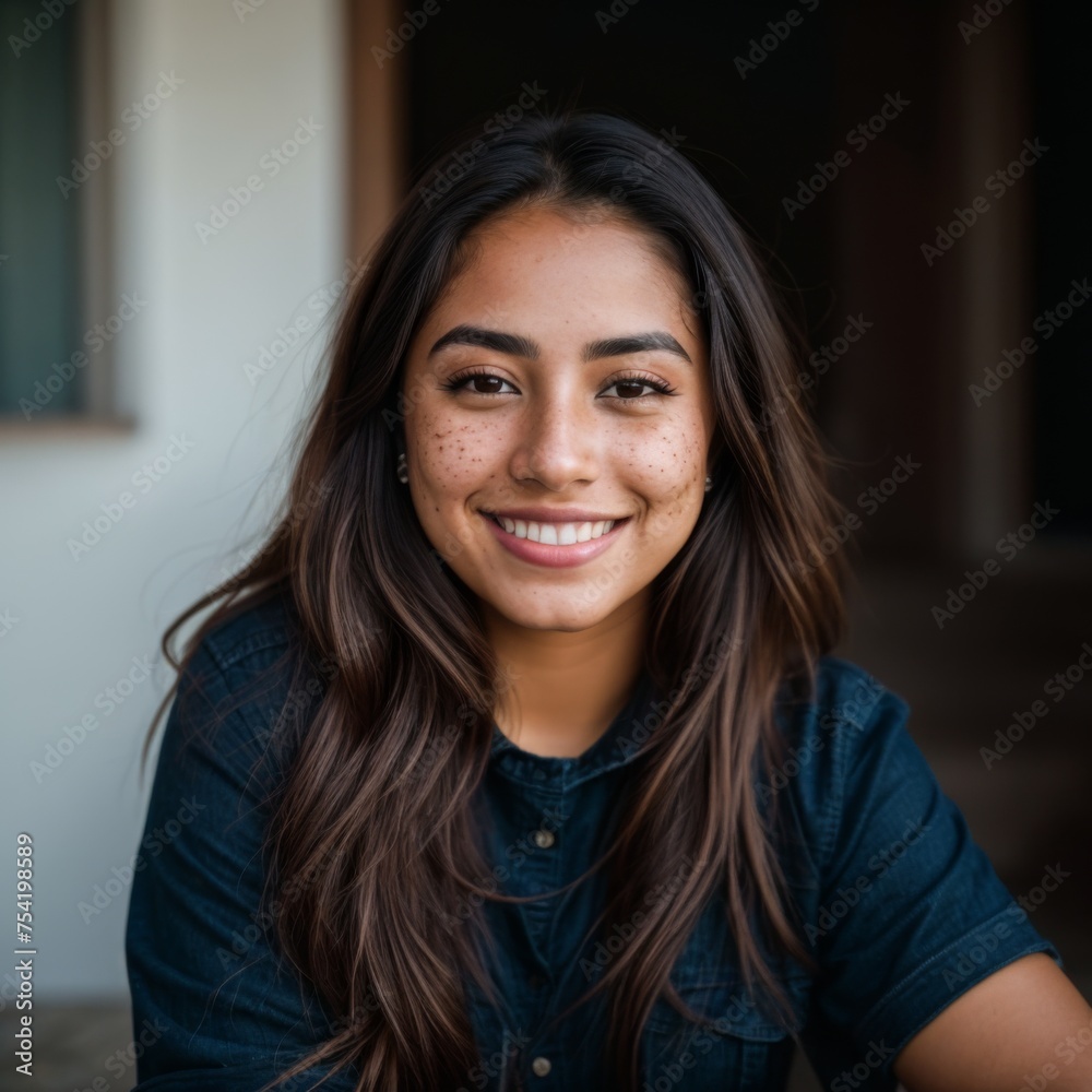 Joyful female with freckles appears relaxed and content Joyful female with freckles appears relaxed and content