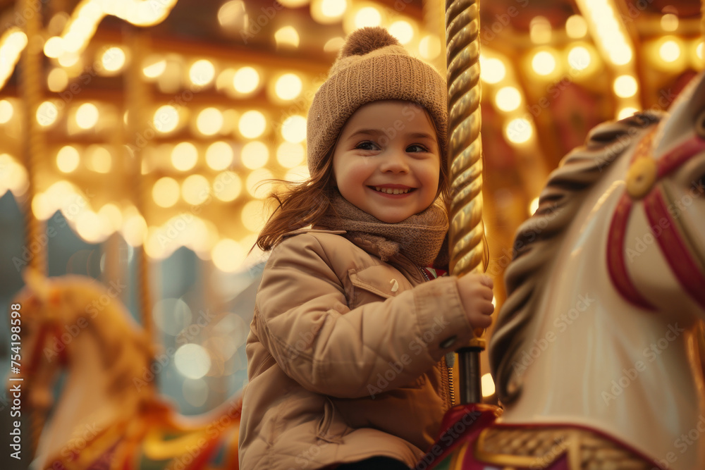 Happy child sitting on a carousel horse in an amusement park
