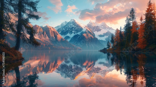A serene mountain lake at sunset, with vibrant hues reflecting off the calm water, snow-capped peaks in the background, pine trees framing the scene, evoking tranquility and awe © malik