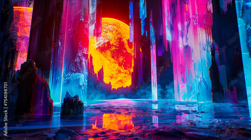 An abstract and vibrant landscape featuring towering neon columns and a fiery sphere reflected on a glossy surface.