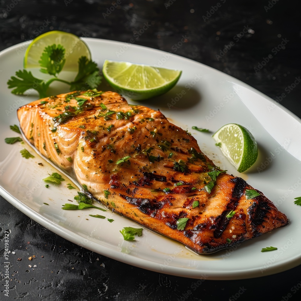 cilantro lime grilled salmon on curved white plate, good composition on a plate, photo for the restaurant menu cilantro lime grilled salmon on curved white plate, good composition on a plate, photo for the restaurant menu
