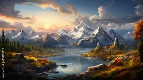 An awe-inspiring mountain range bathed in golden sunlight, snow-capped peaks reaching towards the heavens, a pristine alpine lake nestled in the valley below