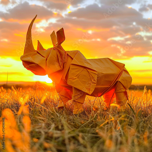 An origami rhinoceros standing on the edge of a real savannah at sunset casting long shadows