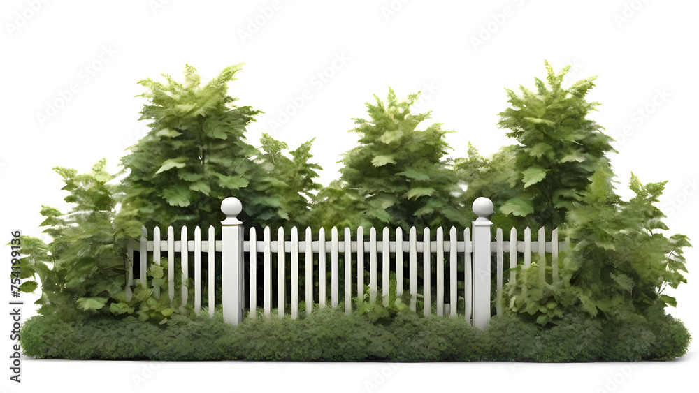 Lush green bushes over white picket fence