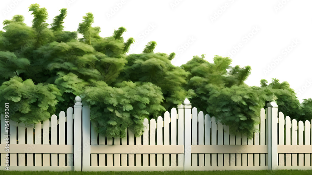 Lush green bushes over white picket fence Lush green bushes over white picket fence