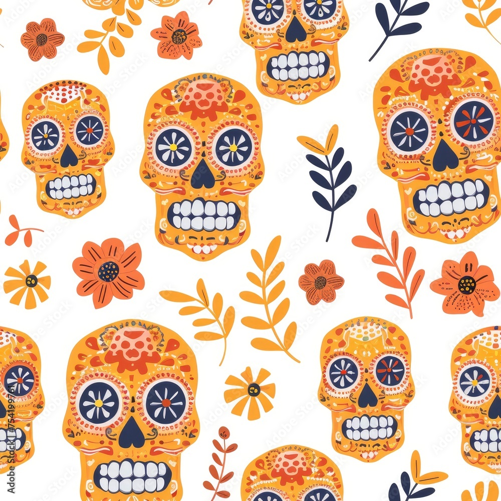 A seamless pattern Orange mexican skull with flowers against a white background. Cinco de Mayo day concept A seamless pattern Orange mexican skull with flowers against a white background. Cinco de Mayo day concept