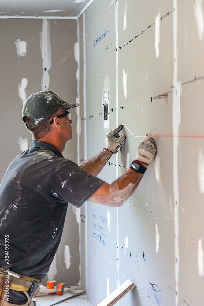 Man Working on Wall in House Man Working on Wall in House