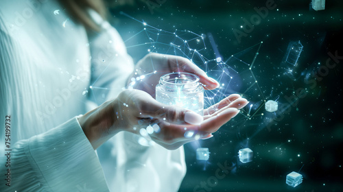 Female hands holding a jar with a glowing white hologram, futuristic medical technology concept, concept for cosmetic science or beauty Technology