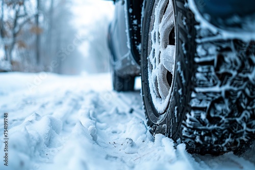 Close Up of Car Tire on Snowy Road