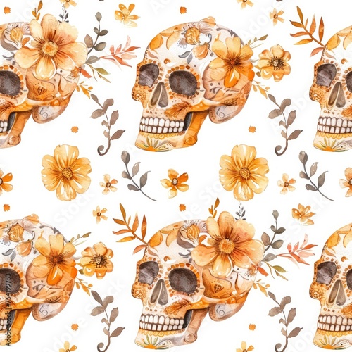 A seamless pattern Orange mexican skull with flowers against a white background. Cinco de Mayo day concept