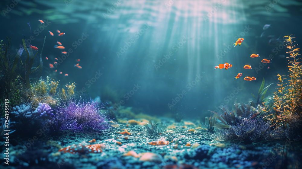 Fototapeta premium Corals, seaweed, fish, nature and world ocean. View underwater to surface ocean, sunbeam penetrate through the top layer of the ocean. the sun's rays illuminate the seabed through the water.