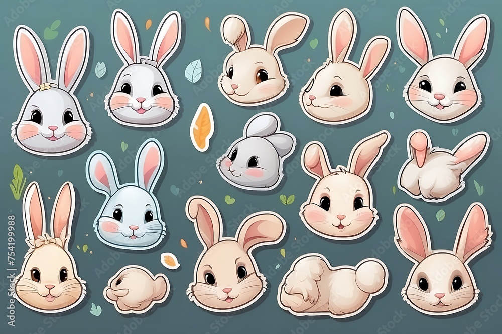 Set of cute cartoon white rabbits with different emotions