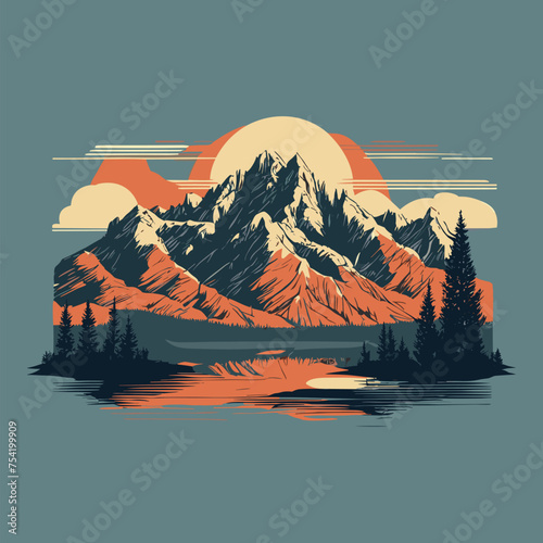 Majestic Snowy Mountains Against Giant Sunset Backdrop