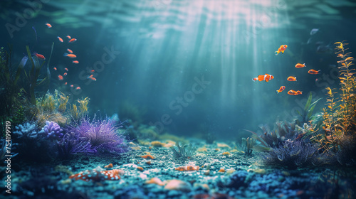Corals, seaweed, fish, nature and world ocean. View underwater to surface ocean, sunbeam penetrate through the top layer of the ocean. the sun's rays illuminate the seabed through the water. © Jullia