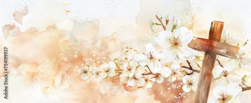 Watercolor Painting of Cross and Cherry Blossoms