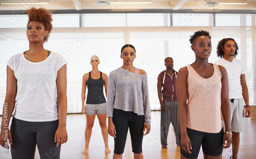 Obraz na plátne Dance, club and people in a fitness studio for training, workout or stage performance, rehearsal or practice