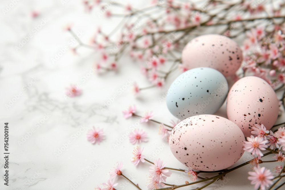 Easter minimalistic background with easter eggs and flowers.