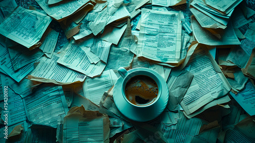 Desk buried in paperwork the only witness a halffinished coffee backdrop an abstract representation of times unyielding pressure photo