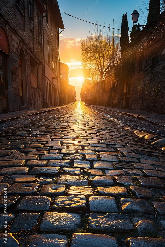 Sun Setting on a Cobblestone Street Sun Setting on a Cobblestone Street
