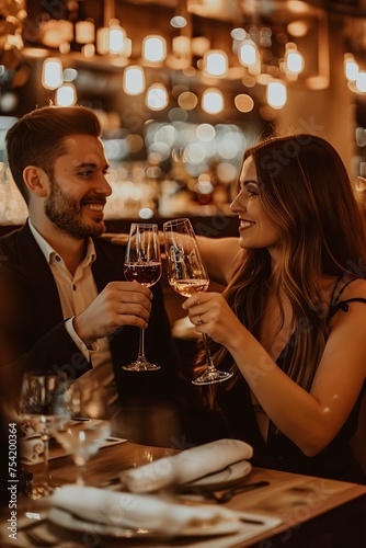 Couple Toasting at Table With Wine Glasses