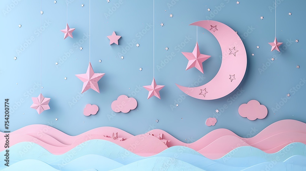 Blue pink inclination eid mubarak background with star and moon - obrazy, fototapety, plakaty 