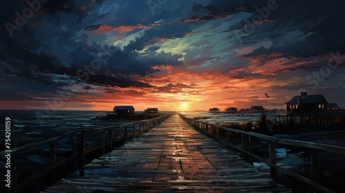 Empty boardwalk at dusk with dramatic sky, illuminated by the warm glow of streetlights and the faint flicker of lanterns, shadows stretching across the wooden planks