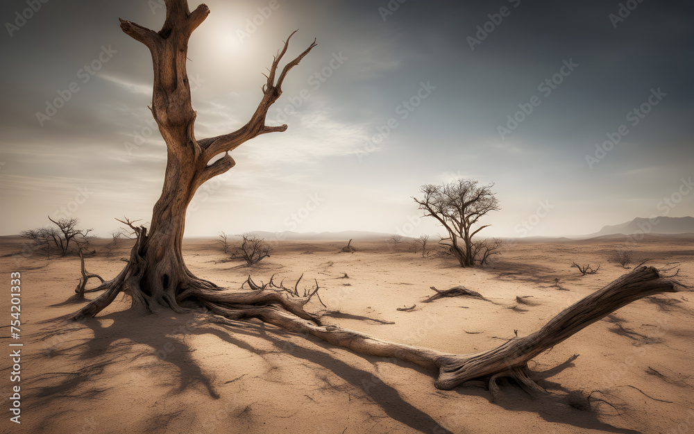 A barren landscape with skeletal remains of trees, illustrating desertification.